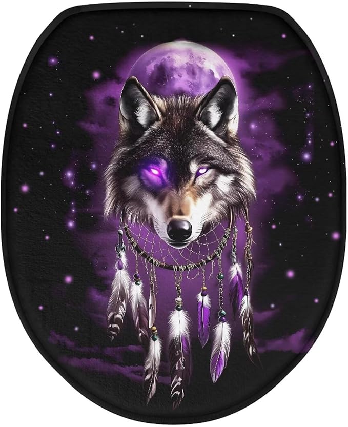 Wolf Dreamcatcher Toilet Seat Covers for Bathroom Decoration Soft Flannel Fabric Soft and Breathable Toilet Lid Cover Flannel Fabric Universal for Most Toilet Bowl Lids
