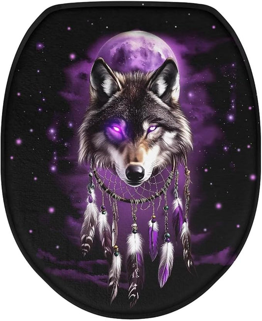 Wolf Dreamcatcher Toilet Seat Covers for Bathroom Decoration Soft Flannel Fabric Soft and Breathable Toilet Lid Cover Flannel Fabric Universal for Most Toilet Bowl Lids