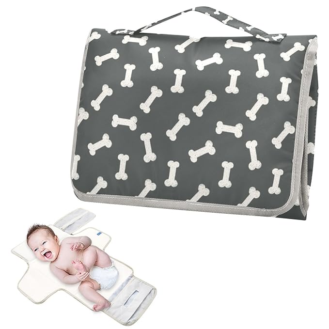 Dog Bone Themed Portable Diaper Changing Pad with Wipes Holder, Black and White Foldable Baby Diaper Changer Travel Bag Doodle Food Bones Baby Changing Mat with Built-in Pillow for Newborn
