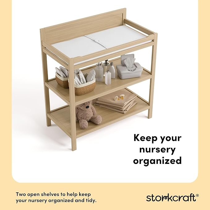 Storkcraft Alpine Changing Table (Driftwood) - Includes Water Resistant Changing Pad with Safety Strap, 2 Open Shelves for Storage