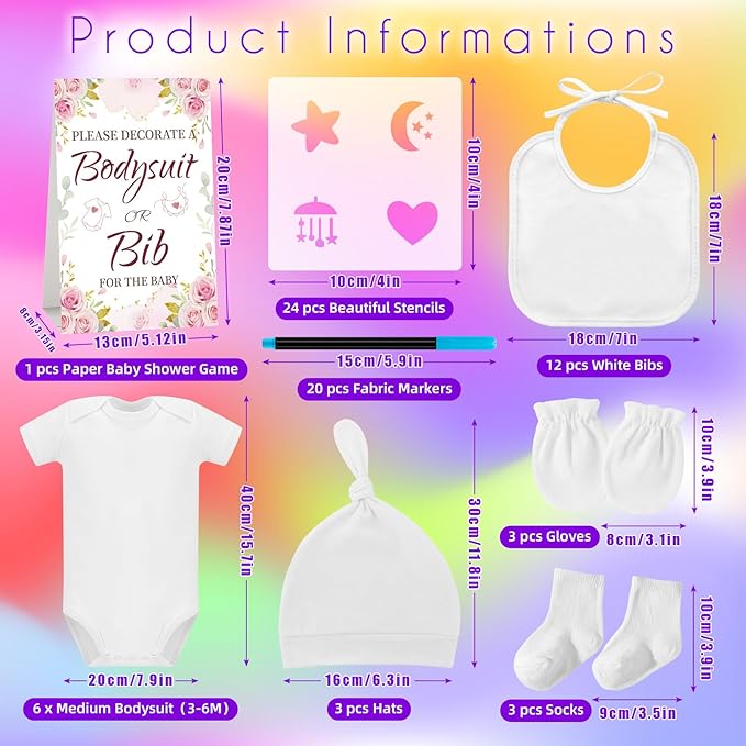 78PCS Baby Bib Bodysuit Baby Shower Set Baby Shower Game Sign Baby Feede Bib Newborn Bodysuit Fabric Marker