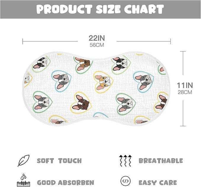 1 Pack Muslin Burp Cloths Bulldog Hearts White Cotton Baby Burp Cloths Ultra Soft Burping Cloth Absorbent Spit Up Rags for Newborn Baby Boys Girls 22x11 Inch