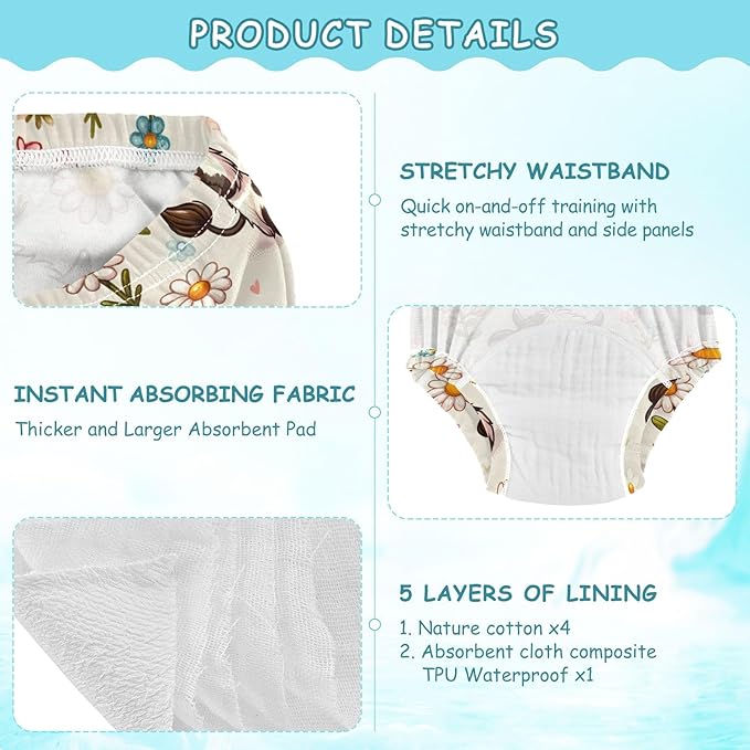 Bolaz Toddler Training Pants, Cow and Daisy Flower Cotton Potty Training Underwear for Baby Boy Girl 3-Pack