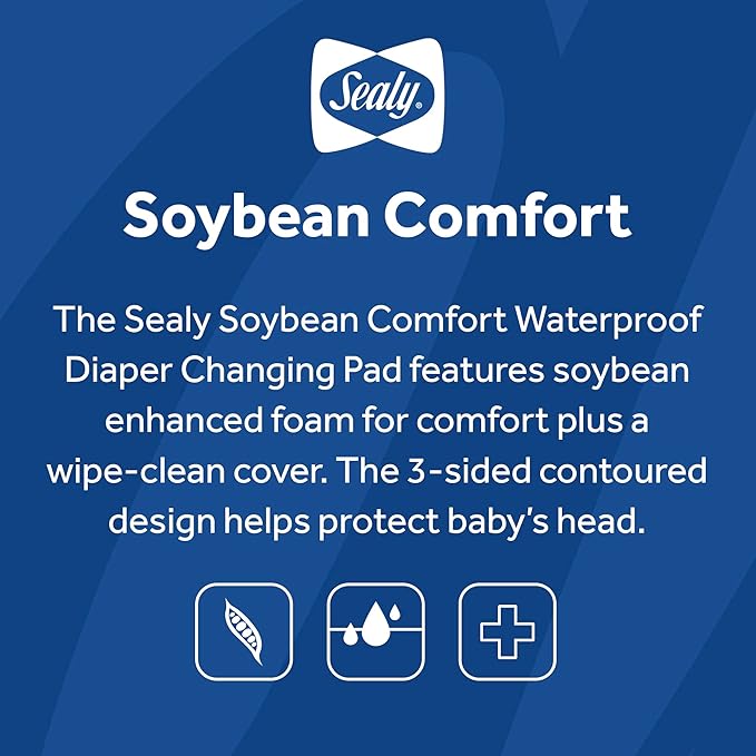 Sealy Baby Soybean Comfort Waterproof Diaper Changing Pad for Dresser or Table, Contoured 3-Sided, Wipeable Easy to Clean Surface & Durable Premium Foam, Made in USA, White, 32 x 16"