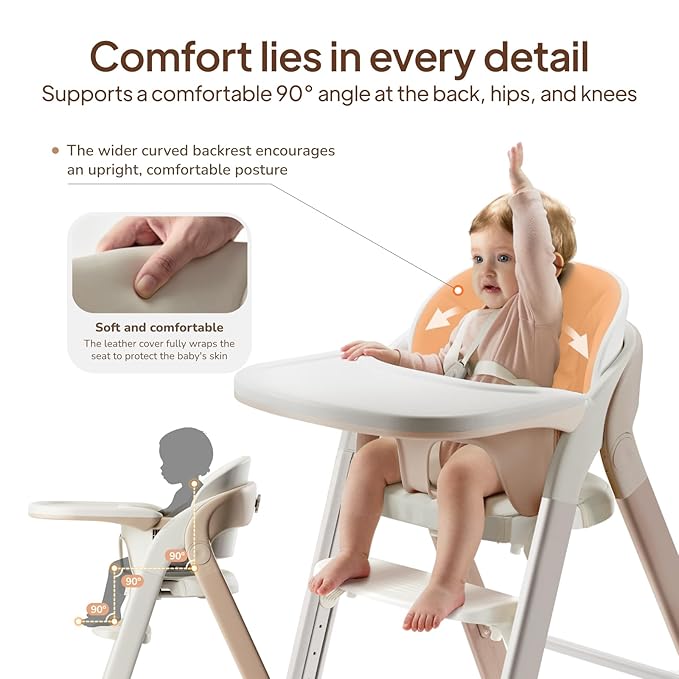 Tinyiota High Chair for Babies and Toddlers, Foldable & 8-Level Adjustable, Removable Tray, Ergonomic Baby Highchair Convertible Chair for Toddler to Adult (Coffee Color)