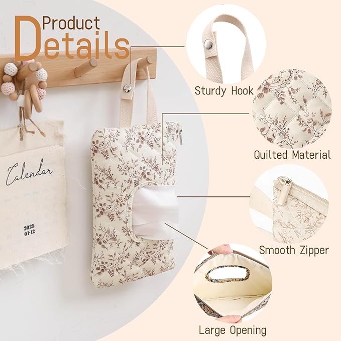 Quilted Baby Wipe Holder Floral Diaper Pouch Portable Quilted Wipes Bag for Car, Stroller