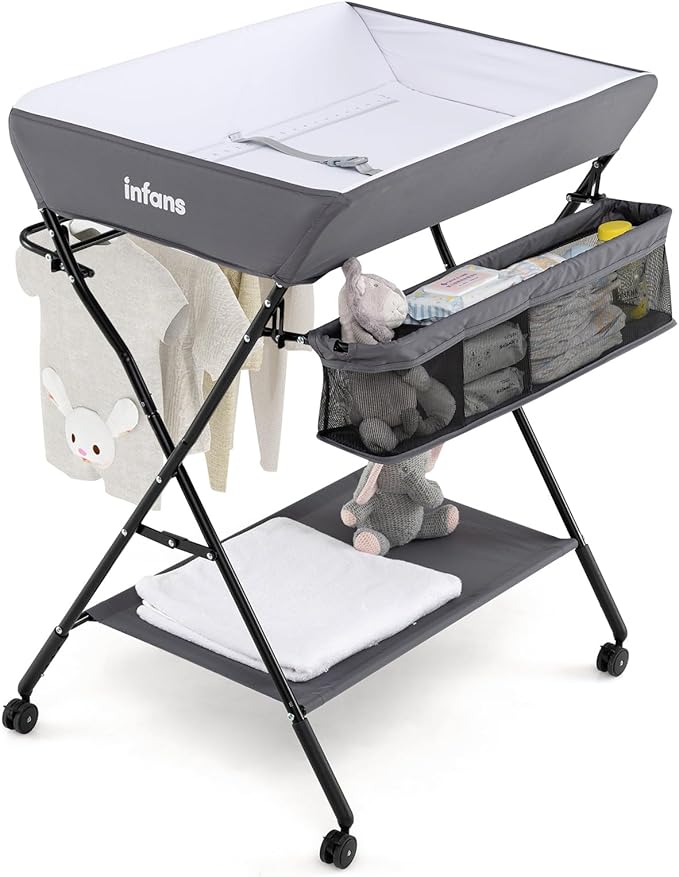 INFANS Baby Changing Table with Wheels, Portable Folding Diaper Station Nursery Organizer with Storage Basket, Hanging Rack, Adjustable Height, Safety Belt for Newborn Infant (Gray)