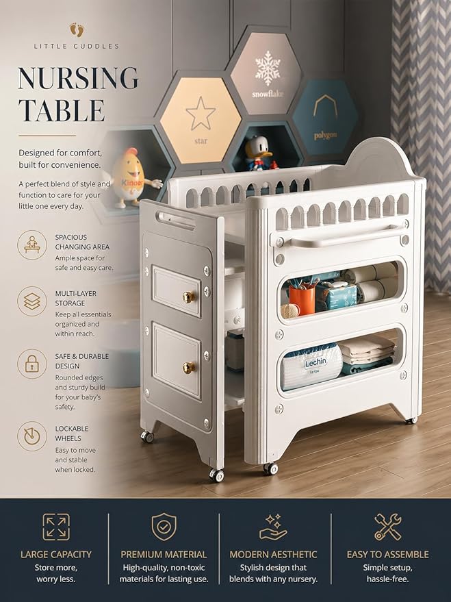 Heavy-Duty Baby Changing Table with Storage & Adjustable Height – Waterproof HDPE Diaper Changing Station for Nursery & Daycare, Removable Care Basin