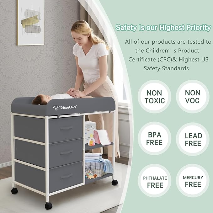 TALECO Gear Portable Changing Table with Storage, Diaper Changing Station, Waterproof Pad, 3 Storage Baskets, Mobile Nursery Organizer for Newborn Essentials