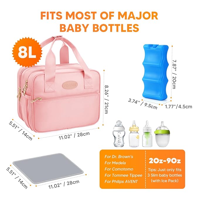PIIOSER Breastmilk Cooler Travel Bag with Ice Pack, Compatible with Wearable Breast Pumps & Accessories - Portable Hands Free Breast Pump Carrying Case for Nursing & Working Moms, Pink