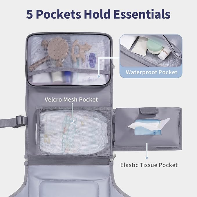 CEICEI Portable Diaper Changing Pad Waterproof Travel Baby Changing Mat with Large Wet/Dry Pocket & Elastic Wipes Pockets, Foldable Compact for On-The-Go Diaper Changer (Grey)
