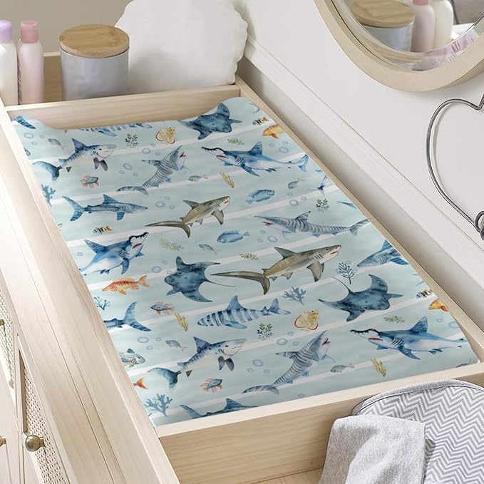 Blue Sharks Baby Changing Pad Covers Sea Animals Sharks Stripes Diaper Changing Table Sheets for Boy Girl Ocean Fishes Corals Nautical Life Soft Stretchy Fitted Nursery Change Table Mats 32''x16''