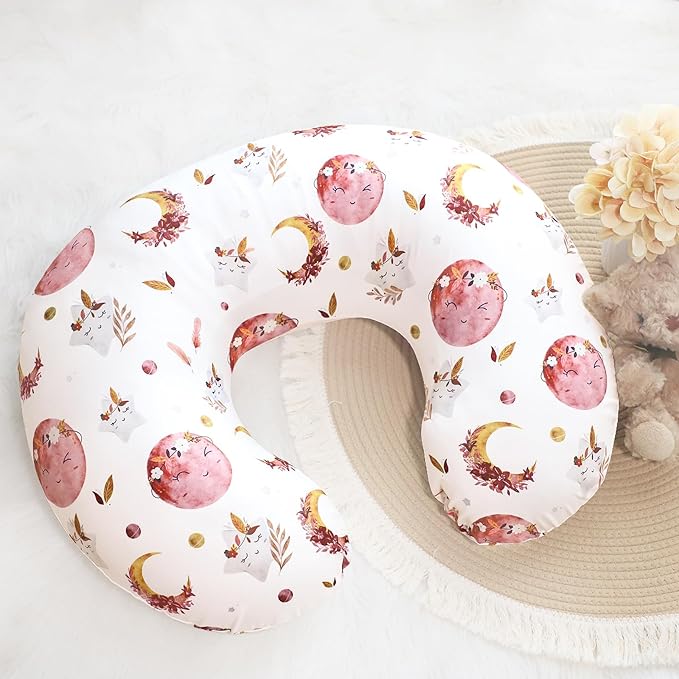 Baby Nursing Pillow Cover, Removeable Breastfeeding Pillow Slipcover, Nursing Pillow Case for Newborn Boys Girls, Soft Fabric Fits Snug On Infant, Washable & Breathable, Moon Star