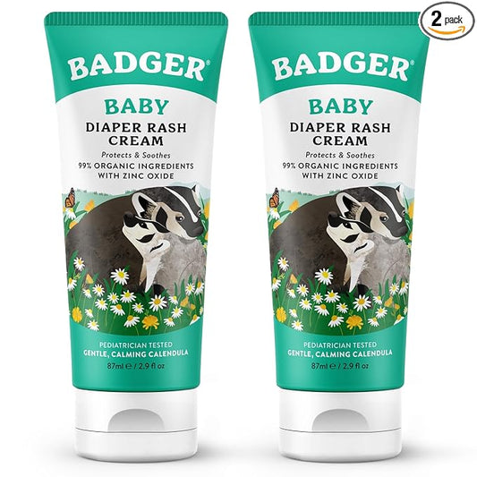 Badger Baby Diaper Rash Cream, Zinc Oxide Diaper Cream for Babies, Natural Skin Barrier Cream with Organic Sunflower Oil & Beeswax, 2.9 fl oz, 2-Pack