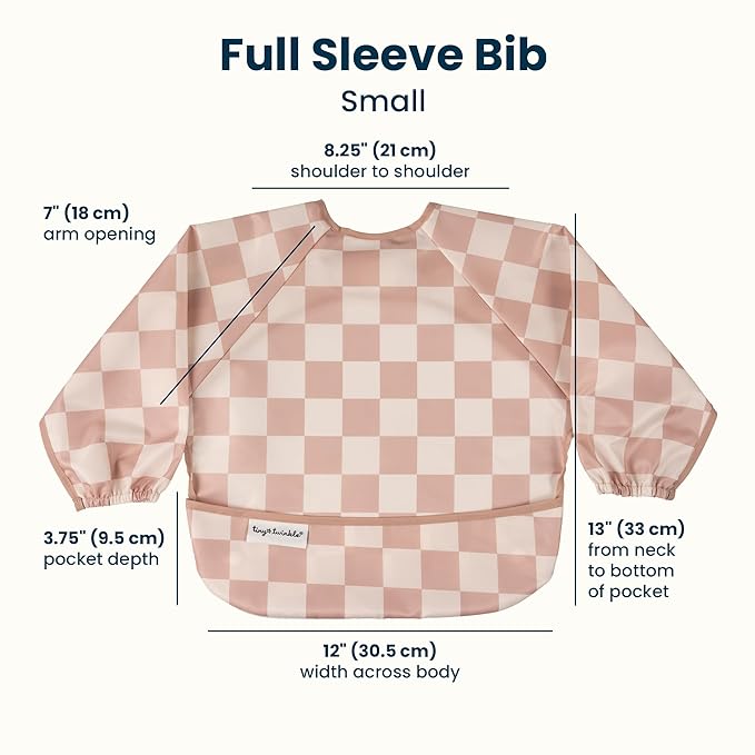 Tiny Twinkle Long Sleeve Bib for Babies & Toddlers | 2-Pack Waterproof Smock Bib for Eating | Machine Washable & Mess-Proof Feeding Essentials | Newborn Shower Gift (Pink,Beige Checkers, 6-24M)