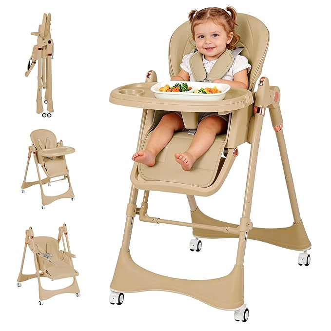 3-in-1 Baby High Chair with Soothing Rocker | Convertible Baby High Chair for Toddlers | Brake Wheels, Easy Clean, Space Saving | Adjustable, Removable Tray (Brown)