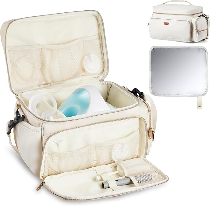 VEVOR Breast Pump Bag, Breast Feeding Bag with Waterproof Mat, Compatible with Spectra S1 & S2, Pumping & Breastmilk Storage, Portable Pump Carrying Case for Work, Travel and Family Use, Beige