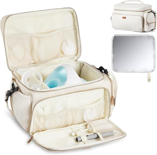 VEVOR Breast Pump Bag, Breast Feeding Bag with Waterproof Mat, Compatible with Spectra S1 & S2, Pumping & Breastmilk Storage, Portable Pump Carrying Case for Work, Travel and Family Use, Beige