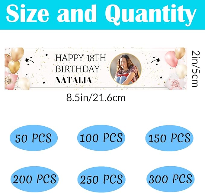 Personalized Water Bottle Labels for Birthday Anniversary Custom Happy Birthday Labels with Name for Water Bottle Stickers Waterproof Printable Photo Bottle Labels Gifts 50 Pcs