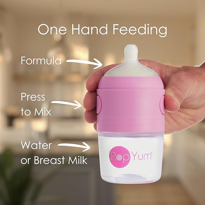 PopYum Pink Formula Making Baby Bottle Starter Set, 4-Pack, 2X 5oz Bottles with #1 Slow Flow Nipples + 2X 9oz Bottles with #2 Medium Flow Nipples, Mixing, Dispenser