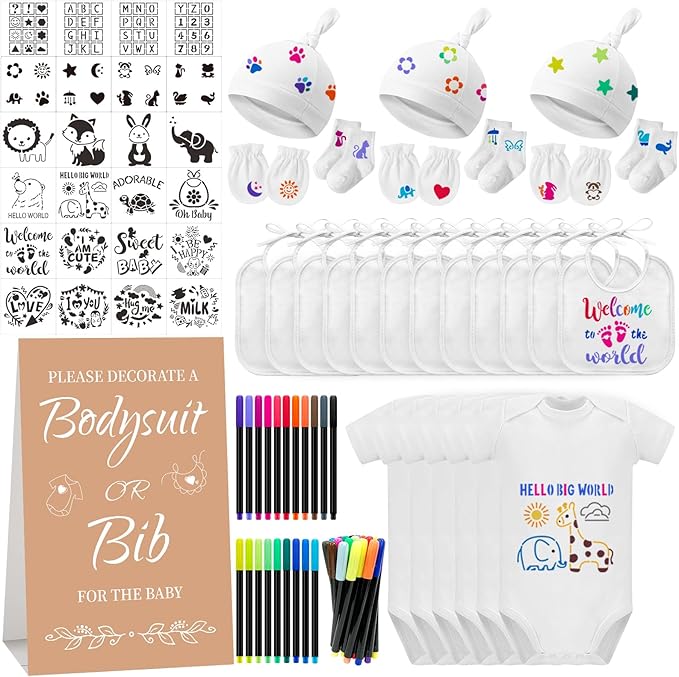 78PCS Baby Bib Bodysuit Baby Shower Set Baby Shower Game Sign Baby Feede Bib Newborn Bodysuit Fabric Marker