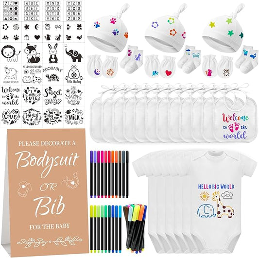 78PCS Baby Bib Bodysuit Baby Shower Set Baby Shower Game Sign Baby Feede Bib Newborn Bodysuit Fabric Marker