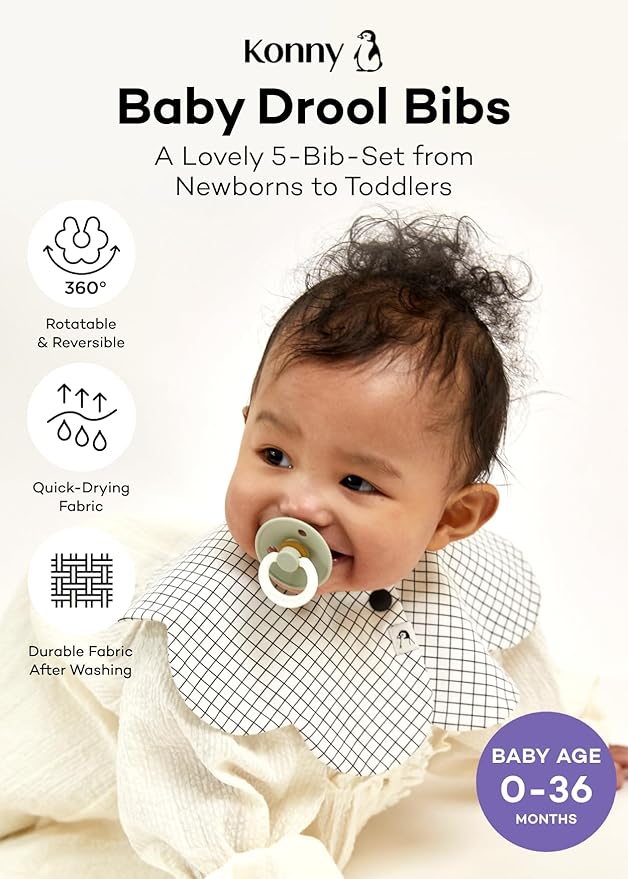 Konny Baby Bib 3/5/7-Pack Set, 360 ° Rotate, Soft and Absorbent Drooling for Toddler Boys Girls Baby Essentials