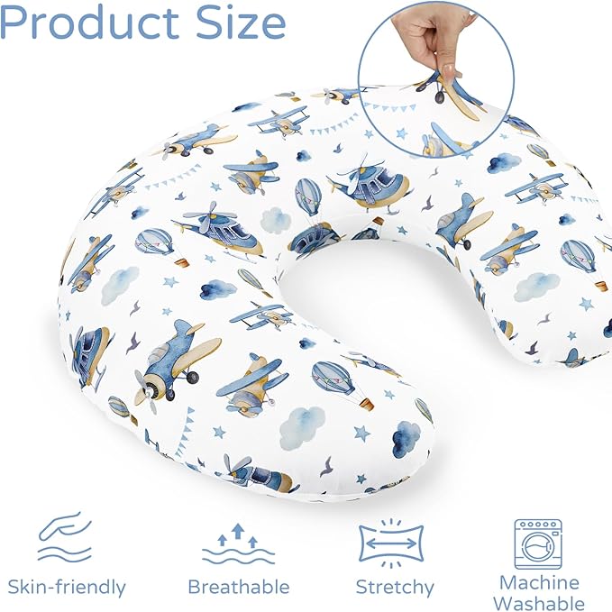 Nursing Pillow Cover, Breastfeeding Pillow Cover for Baby Girls Boys, Soft Stretchy Nursing Pillowcase for Infant Newborn, Removable Slipcover for Nursing Pillows, Blue Airplane(Only Cover)