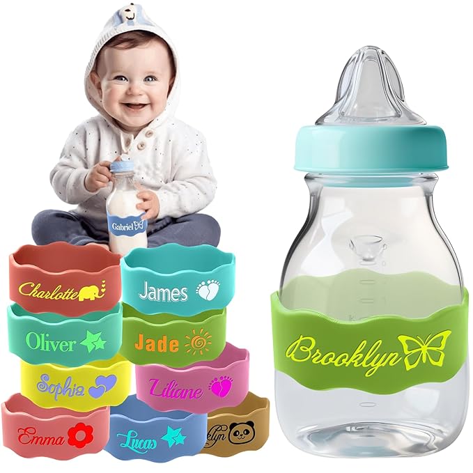 Personalized Water Bottle Name Bands Custom Coloring Silicone Labels Customized Silicone Baby Bottle Labels for Daycare Reusable Baby Bottle Straps for Kids Cups School Waterproof-Green