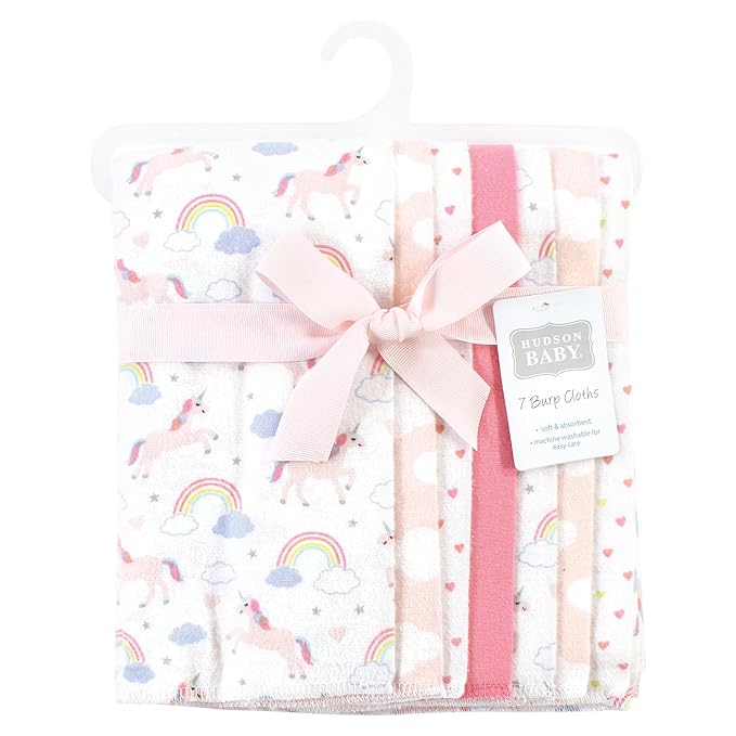 Hudson Baby Unisex Baby Cotton Flannel Burp Cloths, Unicorns Rainbows 7 Pack, One Size