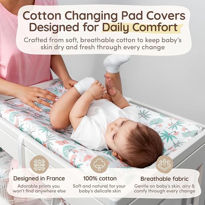 Baby Changing Pad Covers Table Sheet 32"x16", 8"Deep Pocket - Diaper Changing Pad Cover, 100% Cotton Jungle Leaves & Flamingo Sheets 2 Pack, Flamingo Baby Sheets, Designed in France, White-Coral Pink