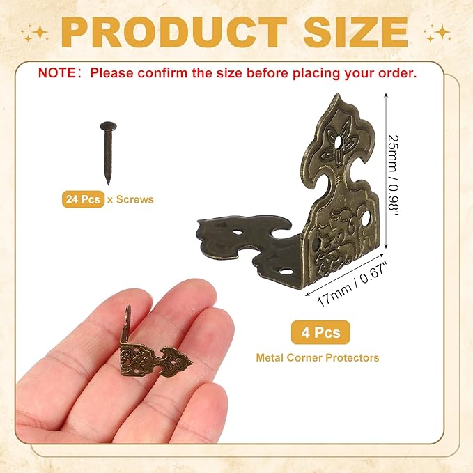 uxcell 4Pcs L Shaped Vintage Embossing Brass Decorative Corner 1 x 0.7 Inch Corner Protector with Mounting Nails Box Edge Guard Retro for Cabinets Furniture Decorative (Bronze)