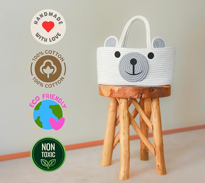 Home & Tots Baby Diaper Caddy Organizer, Cotton Rope Nursery Storage Basket for Diapers, Wipes & More, Gift for Baby Shower, Portable Organizer for Changing Table, Bear Design (Large Size - White)