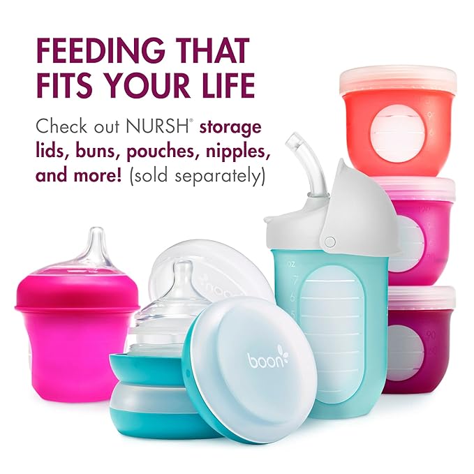 Boon Nursh Bottles - Silicone Baby Bottles Help Ease Colic Symptoms - Reusable Food-Grade Silicone Pouches with Polypropylene Shell - Medium Flow - 8 Oz - Pink