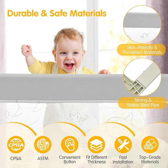BABY JOY Bed Rails for Toddlers, 59'' Extra Long, Height Adjustable Kids Rail Guard w/Double Safety Lock for Convertible Crib, Folding Baby Bedrail for Twin Double Full Size Queen King Mattress, Gray