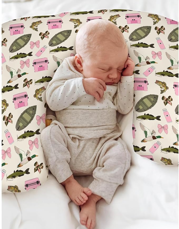 Pink Fishing Hunting Girly Baby Nursing Pillow Covers for Girl Boats Bass Fish Duck Bows Nursing Slipcovers for Breastfeeding Pillows Summer Lake Country Fishing Soft Stretchy Slipcovers for Newborn