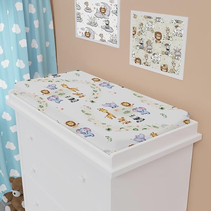 Jungle Safari Animals Tropical Leaves Flowers Changing Pad Covers Lion Elephant Zebra Giraffe Hippo Diaper Change Table Sheets for Girl Boy Soft Stretchy Fitted Changing Mat Sheets 32''x16''
