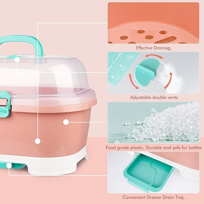 NiHome Portable Baby Bottle Drying Rack with Anti-Dust Lid, Cutlery Organizer and Drain Board - Easy-Carry Handle for Home, Kitchen, Travel and Outdoors (Pink)