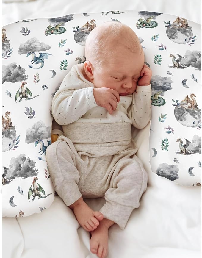 Watercolor Dragons Baby Nursing Pillow Covers for Boy Girl Fairytale Dragon Wings Leaves Nursing Slipcovers for Breastfeeding Pillows Dragon Moon Cloud Soft Stretchy Removable Cover for Newborn Infant