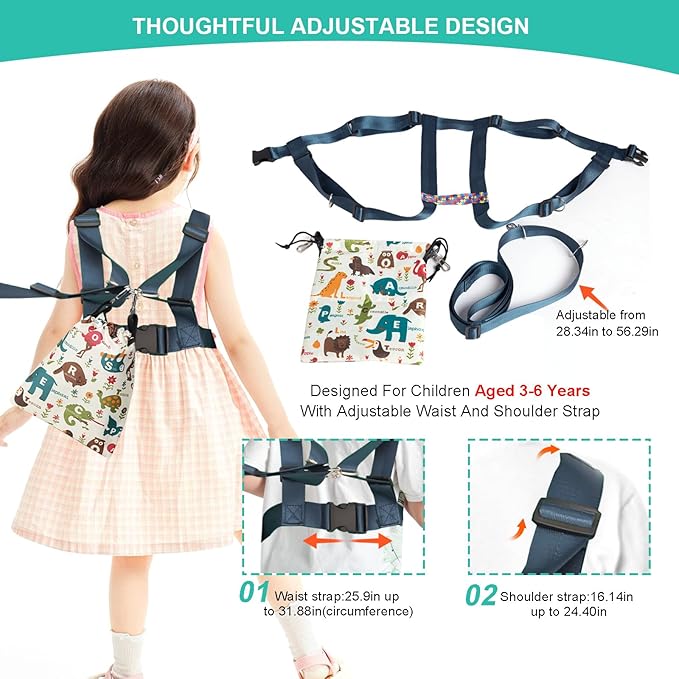 Safety Harness with Leash for Autism, Adjustable Walking Harness with Tether and Pouch, Prevent Autistic Special Needs ADHD Active Child Wandering and Eloping Outdoors, Child Elopement Leash