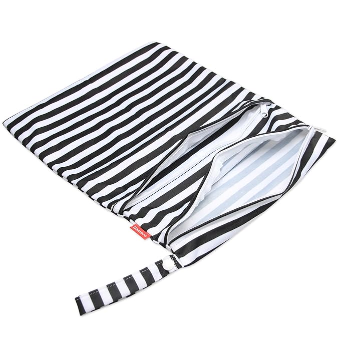 Damero Travel Wet and Dry Bag with Handle for Cloth Diaper, Pumping Parts, Clothes, Swimsuit and More, Easy to Grab and Go (Large, Black Strips)