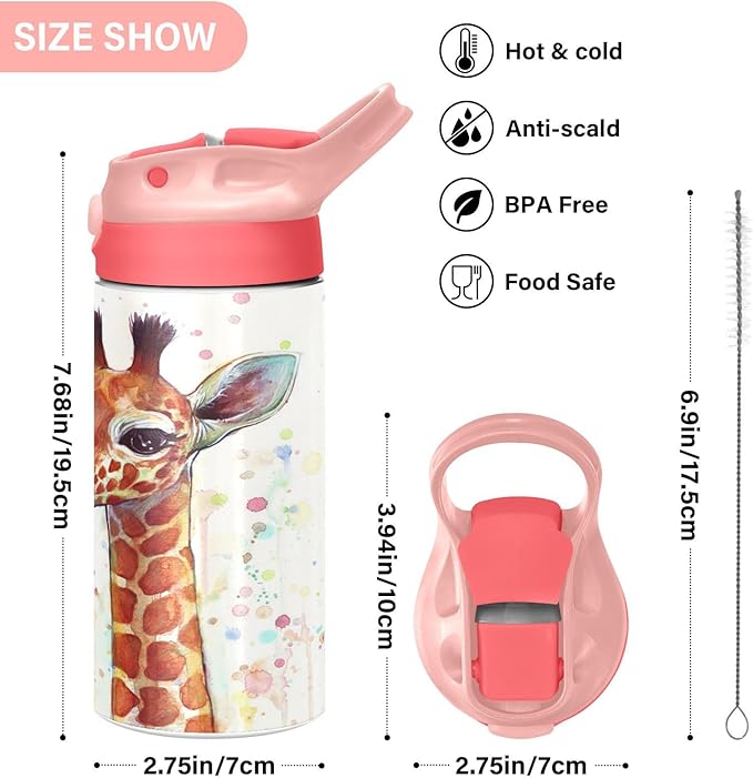 Giraffe Kids Water Bottle with Straw and Carry Handle Cute Animals Vacuum Insulated Stainless Steel Bottles Leak-Proof for Boys Girls Toddler 12 oz Pink Lid