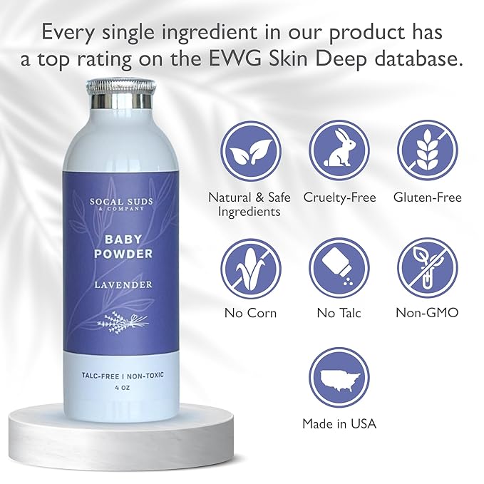 SoCal Suds & Company - Natural Baby Powder Talc-Free - with Arrowroot Powder, Kaolin, Aspen Bark Extract for Soft Soothing Protected Skin - Gentle Absorption - Lavender, 4oz, 2-Pack