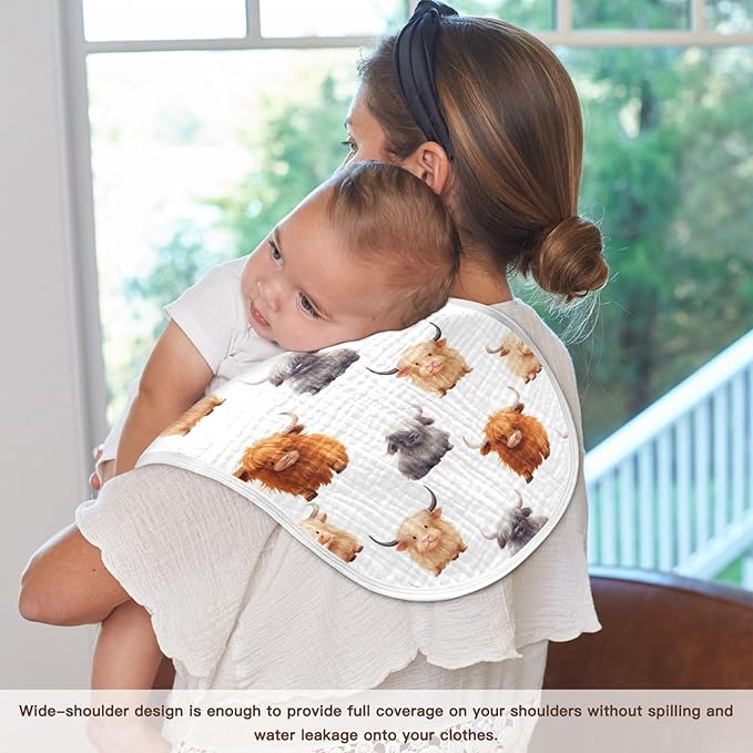 1Pc Cute Highland Cow Pattern Burp Cloth,Unisex Large Absorbent Soft Cotton Muslin Burping Cloths for Newborn Boys Girls,11x22in,A110859