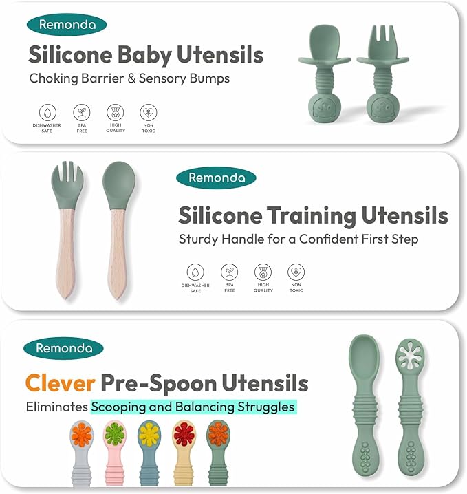 Remonda 17-Piece BPA-Free Baby Silicone Feeding Set | Extra Large Suction Plates, Toddler Bowls, Self Feeding Spoons, and More | Dishwasher Safe| Infant Led Weaning Supplies（Green）