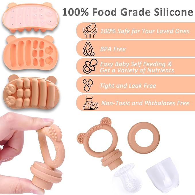 JEXFUN Silicone Baby Fruit Food Feeder Pacifier & Freezer Tray Set, Breastmilk Popsicle Mold for Teething, Silicone Baby Food Storage Containers for Baby Teething & Infant Self Feeding, BPA Free, B