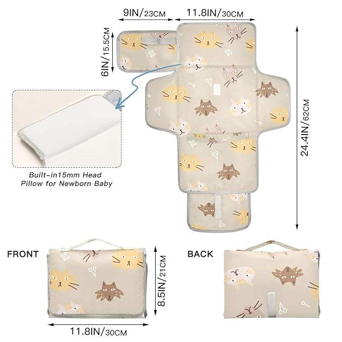 Portable Diaper Changing Pad Travel Baby Changing Mat Waterproof Diaper Changing Mat Foldable Lightweight Baby Changer with Built-in Pillow Cat Faces Brown