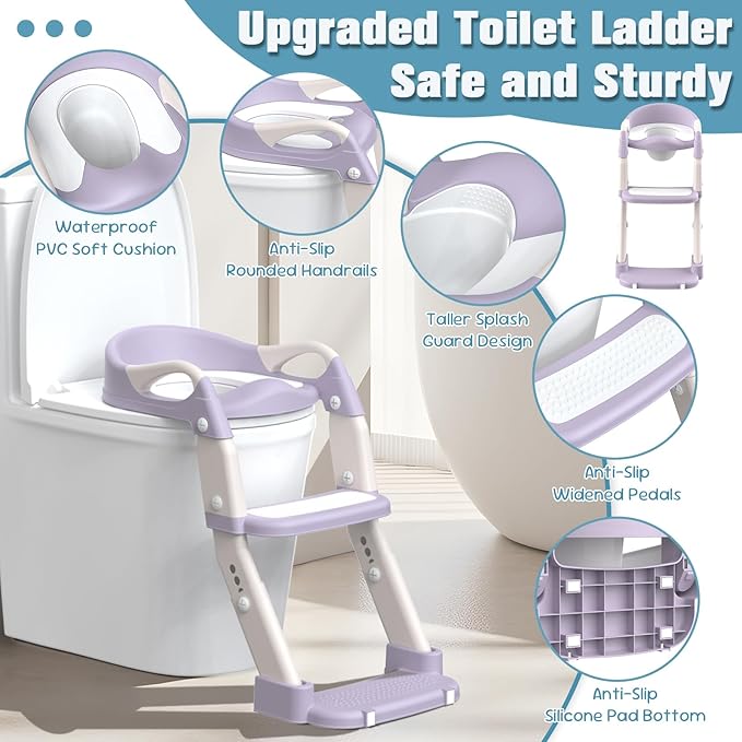Potty Training Seat, Toddler Potty Training Toilet with Step Stool Ladder for Kids Boys Girls, 3 in 1 Foldable Toilet Seat Potty Chair with Urinals, Splash Guard, Handles, Anti-Slip Pad,Green