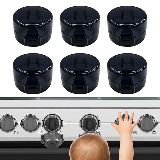 6PCS Gas Stove Knob Covers for Child Safety - Heat-Resistant Baby Proof Stove Knob Covers, Universal Size Stove Knob Safety Covers with Adhesive, Adjustable Child Safety Stove Guard(Black)