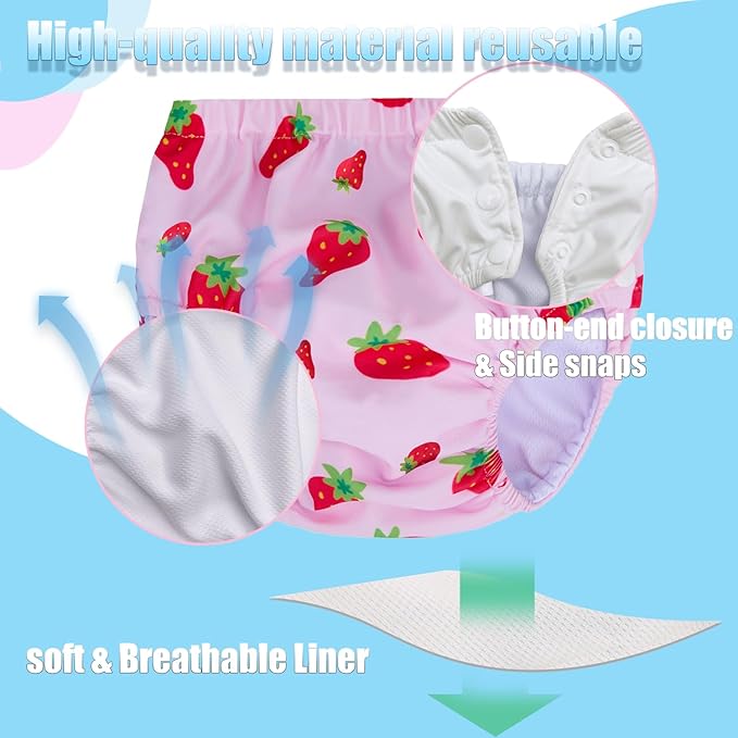 Baby Newborn Reusable Swim Diapers Infant Unisex Washable Swim Diaper Toddler Swimming Diapers Pink Strawberry, 2-3T